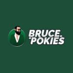 Bruce Pokies Logo - Australian-Themed Online Casino Branding in Green | SistersSites.co.uk Bruce Pokies logo featuring a bearded man in a green suit with bold white text on a dark green background